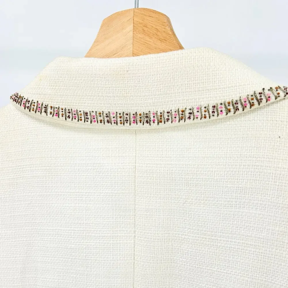 Vintage 90s Escada Ivory Elegant Cream Beaded Linen Cotton Skirt Suit - Picture 6 of 10